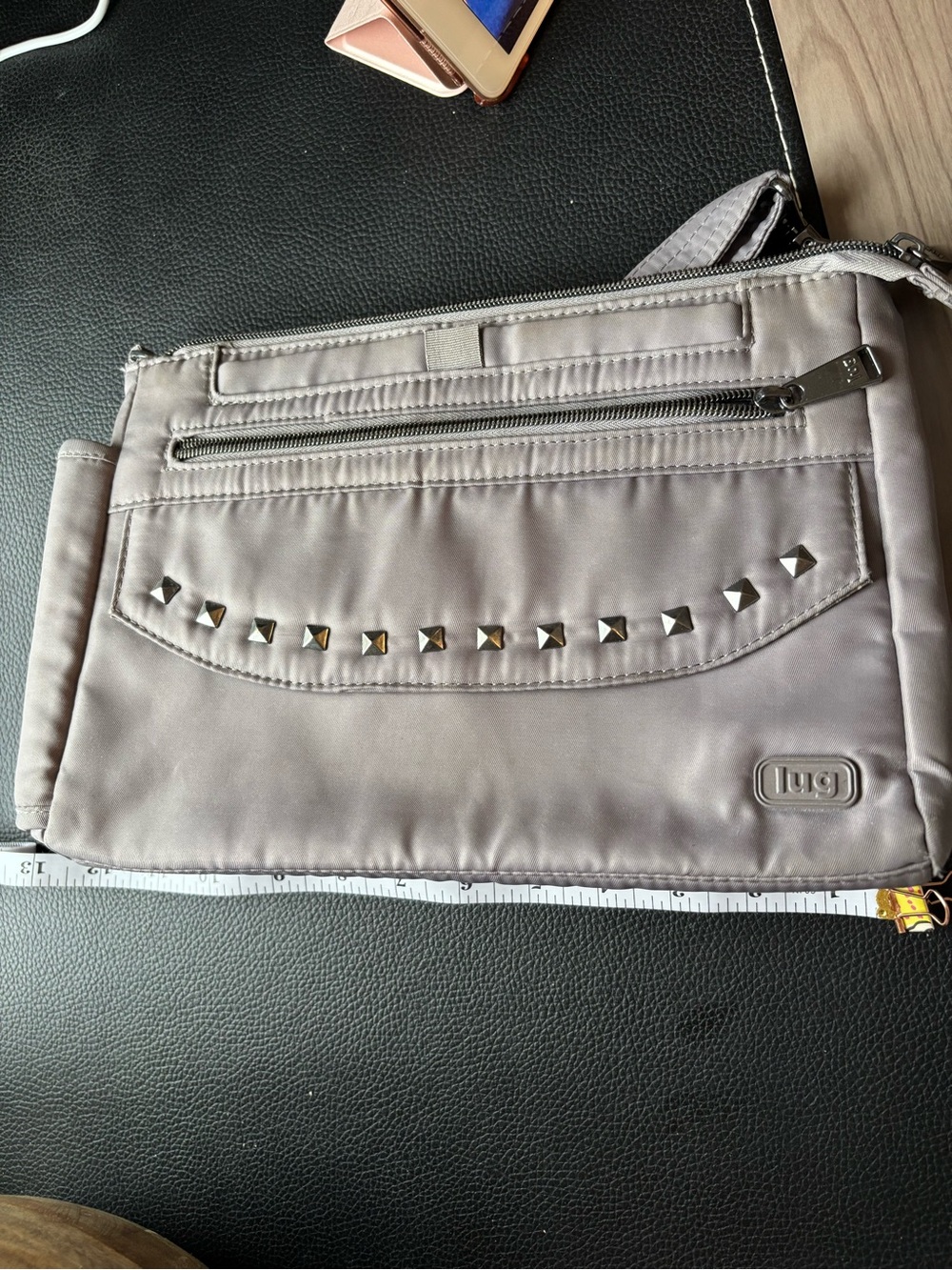 Lug Pacer Women's Crossbody Bag in Light Gray with Stud Accent